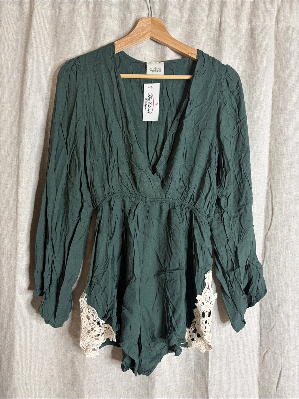 audrey Forest Green V-Neck Tunic with Cream Crochet Trim